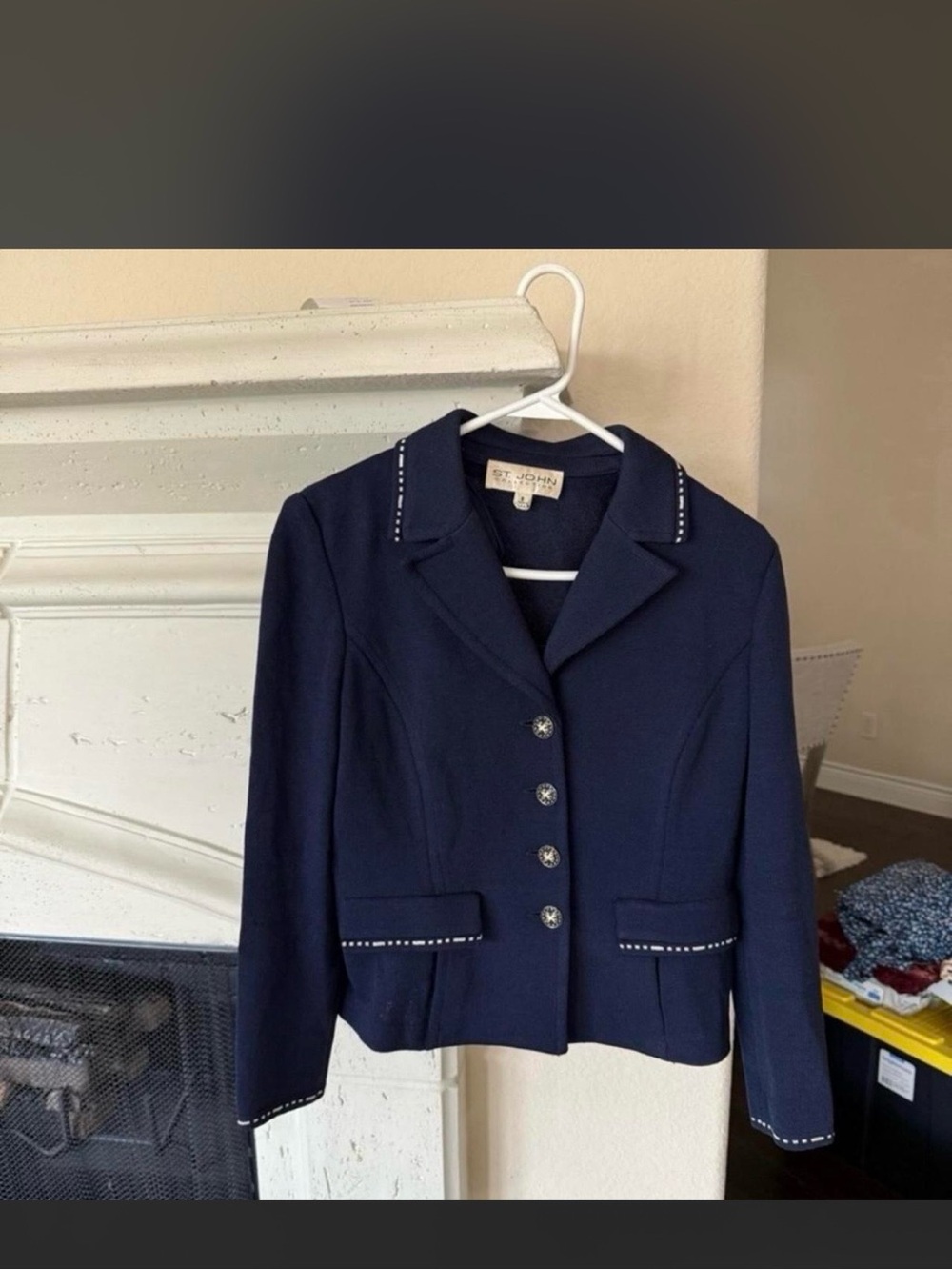 St. John collection navy blue knit blazer gold button classic old money